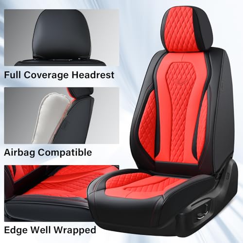 Image of Coverado Car Seat Covers, Seat Covers Full Set, Red Car Seat Cover, Auto Seat Covers Front Seats Rear Seat Cover, Luxury Car Seat Cushion,Leather Seat Cover Seat Protector Universal Fit Most Cars