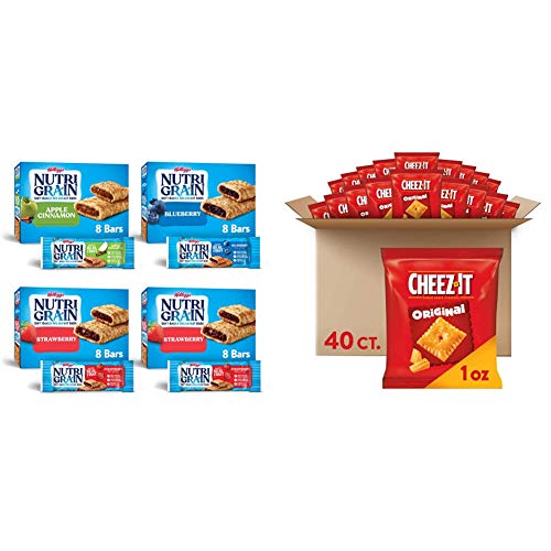 Kellogg's Nutri-Grain, Soft Baked Breakfast Bars, Variety Pack, 2.6lb case (4 Count) & Cheez-It Original Baked Snack Cheese Crackers - Single Serve School Lunch Snacks (Case contains 40 Count)