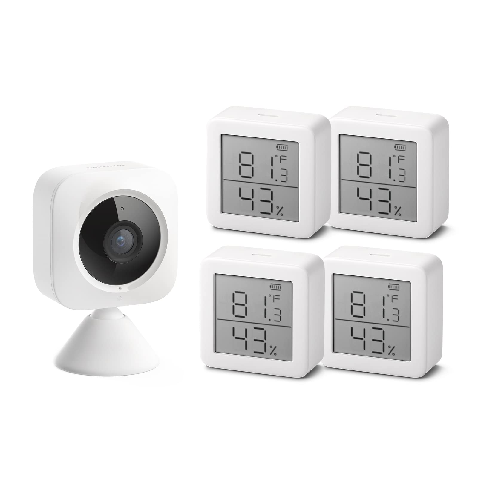 SwitchBotSecurity Indoor Camera, SwitchBot 4-Pack Smart Hygrometer Thermometer, Bluetooth Wireless Room Temperature Humidity Sensor with App Alerts