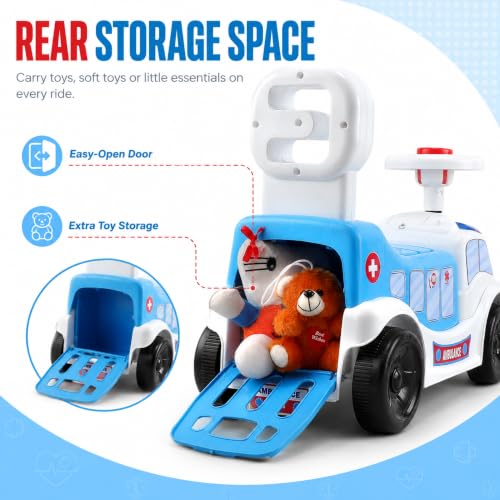 Image of Ambulance Ride On Toy for Kids 2-5 Years with LED Emergency Lights, Siren Sound, Front & Rear Storage, Foot to Floor Ride On Car with Comfortable Backrest, Kids Ride On Car for Boys & Girls