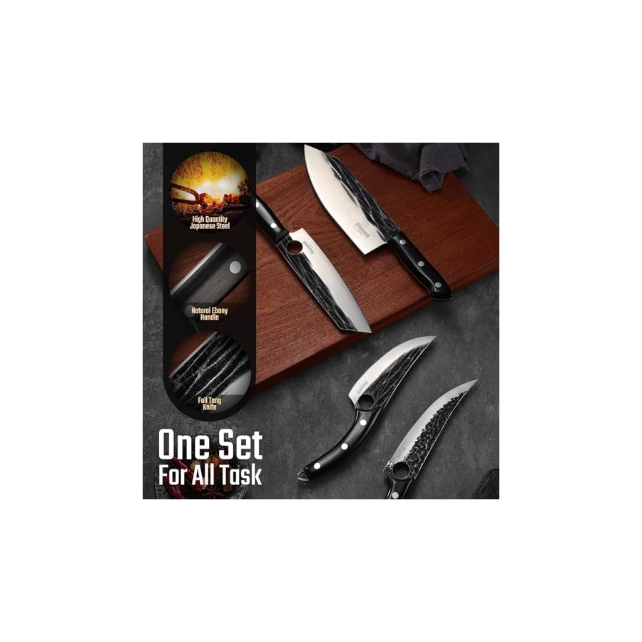 Huusk Knives Set, Serbian Chef Knife Set with Bag, Japanese Kitchen Knives Set, Hand Forged High Carbon Steel Knife Set, Full Tang Knives with Ebony Handle, Christmas Gift for Men and Women