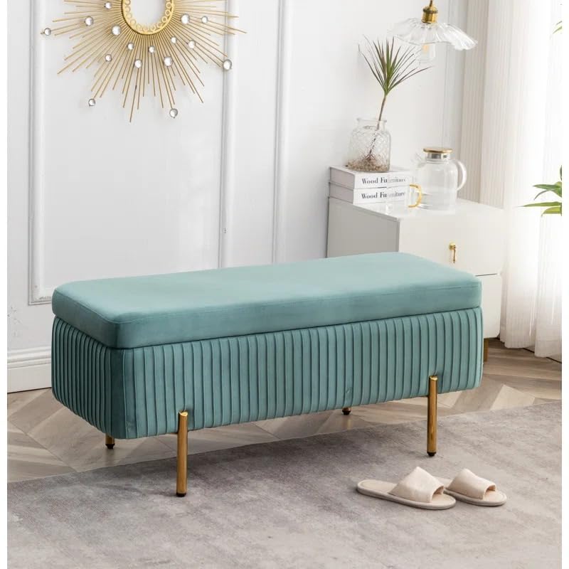 Image of Nutech Decor Velvet Upholstered Flip Top Storage Bench, 2-Seater Ottoman with Hidden Storage, Button Tufted End of Bed Bench for Bedroom, Living Room, Entryway, Hallway & Window Seating
