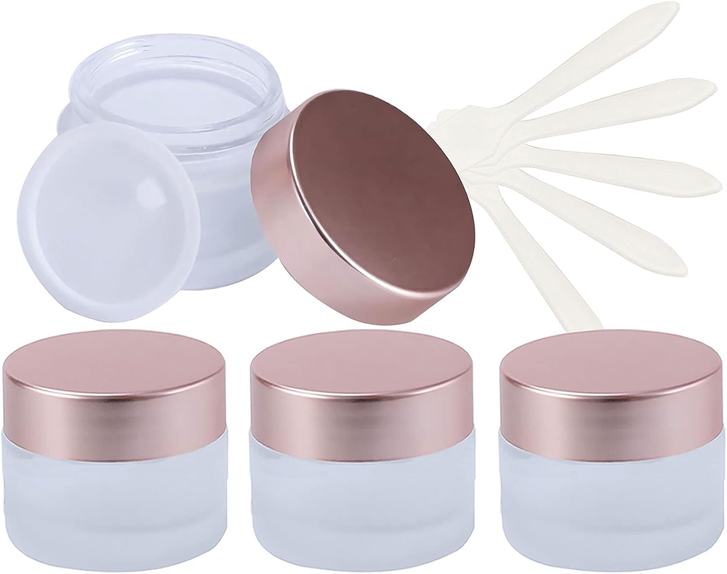 FLYIODFCXV cosmetic jar, 4 Pack Empty Face Cream Storage Containers Pots with Rose Lid, Frosted Glass Cosmetic Jars(50ml)