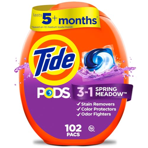 Tide PODS laundry detergent pacs, 3-in-1 Stain Remover, Odor Fighter, Color Protector, 102 Count, HE compatible, Spring Meadow Scent