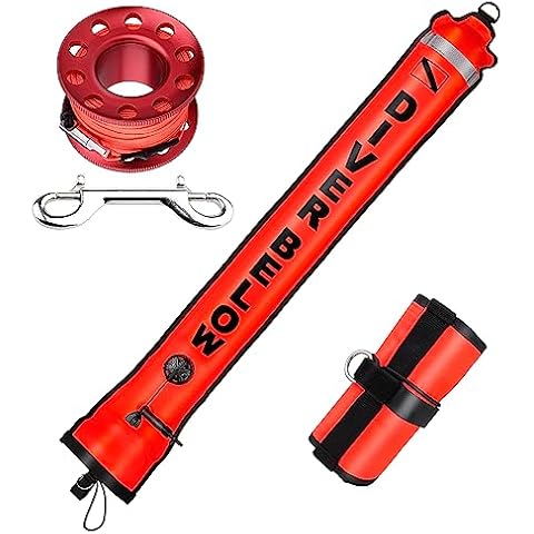4ft Scuba Diving Open Bottom Surface Marker Buoy (SMB) with 49ft Finger Spool Alloy Dive Reel and Double Ended Bolt Clip Red Cover