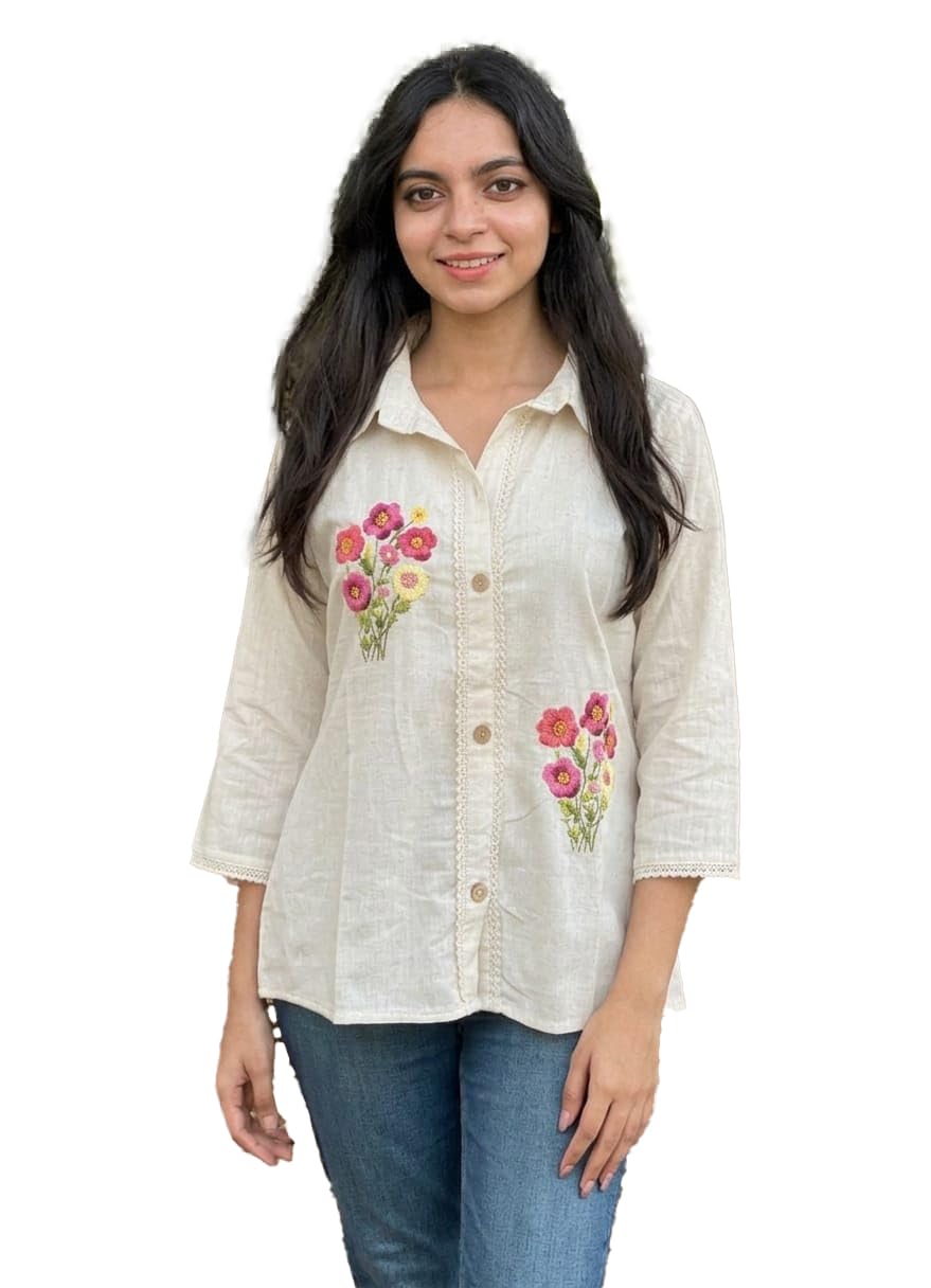 royalica Women's Floral Embroidered Shirt, Cream, Cotton, 3/4 Sleeves, Button-Down, Lace Trim Detail-picture-3