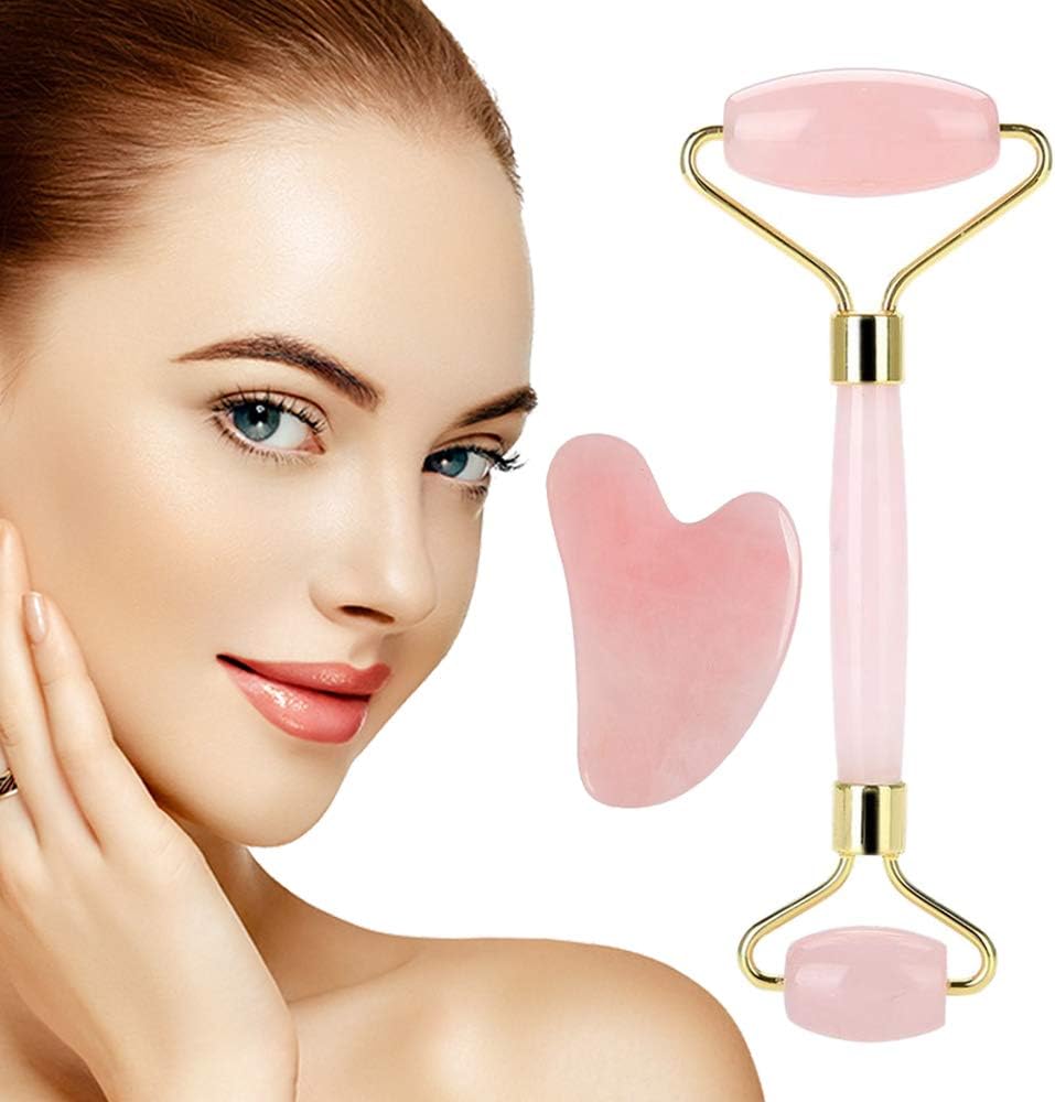 Jade Roller & Gua Sha Scraping Massage Tool, Natural Crystal Rose Quartz Roller, Anti-Aging Beauty Facial Tool for Face Eye Neck, Gift for Women