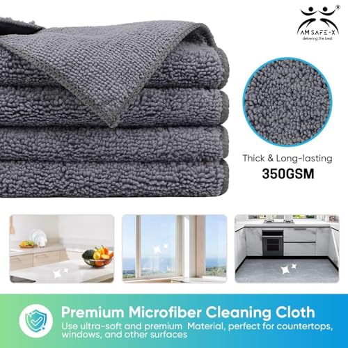 Image of AM Safe-X Microfiber Cloth for Car 350 GSM 40x40 cms 4 Pcs Grey Twisted Loop Super Absorbent Towel, Edgeless Design with Plush Pile & Lint Free Cloth for Drying & Detailing