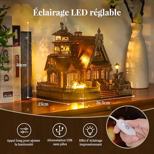 FUNPOLA LED Puzzle 3D en Bois – Modèle de Cottage Champêtre Kit de Construction Miniature DIY avec Lumières LED – Maquette Architecturale Rurale 3D pour Déco Maison – Puzzle 3D pour Adultes – vue 5
