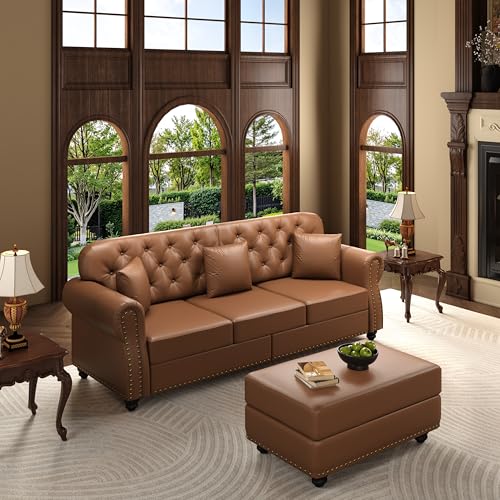 Image of KEIKI 83 inch Faux Leather Chesterfield Sofa with Nailhead Trim, Brown