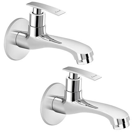Kamal Full Brass Long Body Bib Cock Tap with Wall Flange | Wall Mounted | Chrome Finish | Silver (Pack of 2)