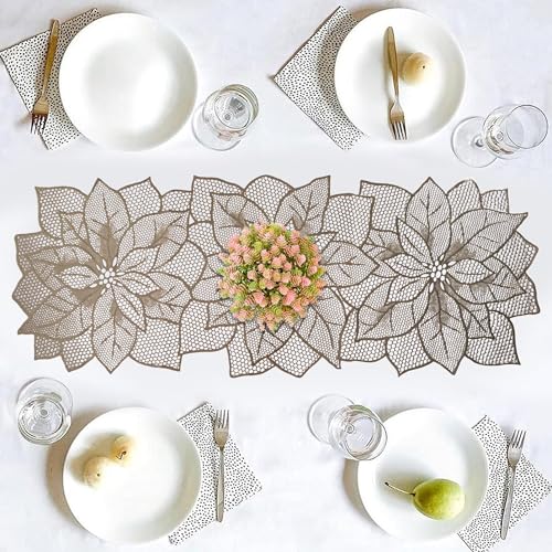 Image of Kuber Industries Leather Table Runner for Party, Wedding, Family Dinners | Coffee, Dining, Kitchen, Center Table | Flower | Golden
