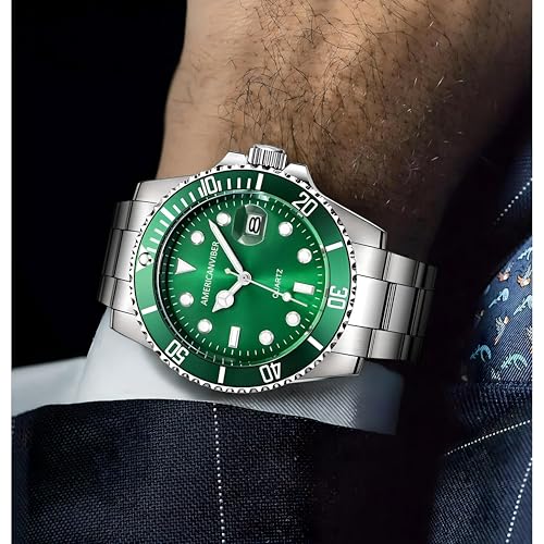 Image of AMERICANVIBER Luxury Diver Watch with Green Dial, Stainless Steel Band, Date Display, Quartz Movement