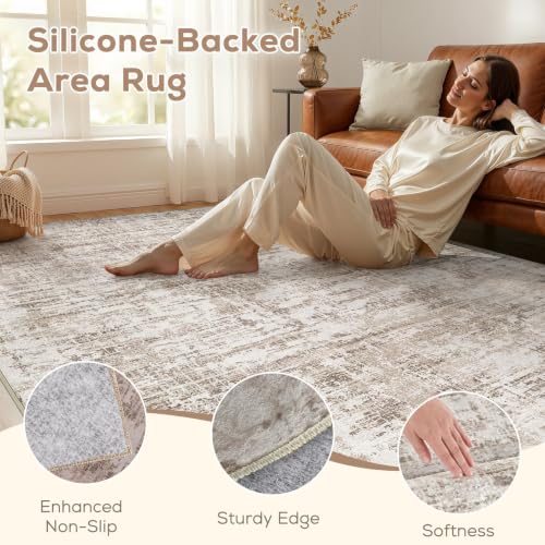 Nakagishi 5X7 Area Rugs for Living Room: Washable Modern Abstract Rug with Non-Slip Silicone Backing Low Pile Soft Carpet for Bedroom&Dining Decor Ideal for Families with Kids and Pets-Brown-02 — view 2