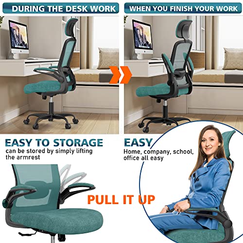 Ergonomic Office Chair, Home Office Desk Chair With Adjustable Headrest & Lumbar Support. High Back Mesh Computer Chair With Thickened Cushion &Flip-Up Armrests, Task Executive Chair (Jungle) #TOP3