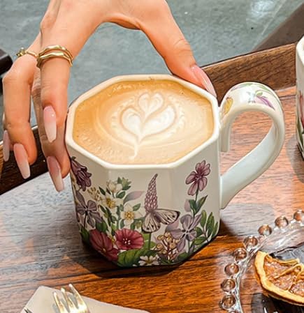 Ceramic Coffee Mug with Handle Vintage, Floral Cute Octagonal Espresso Cups, Large Tea Cups and Drinking Mugs for Office and Home, Ideal Gifts for Women and Men (Purple 400ml) - Image 3