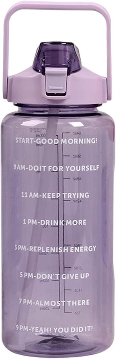 Motivational Water Bottle with Time Markers, 64 oz/2L, Leak-Proof with Handle, 5 Colors (Purple)