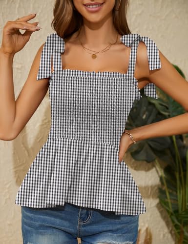 Micoson Ruffle Tank Tops for Women Summer Square Neck Sleeveless Tops Tie Shoulder Chiffon Blouse Babydoll Shirts