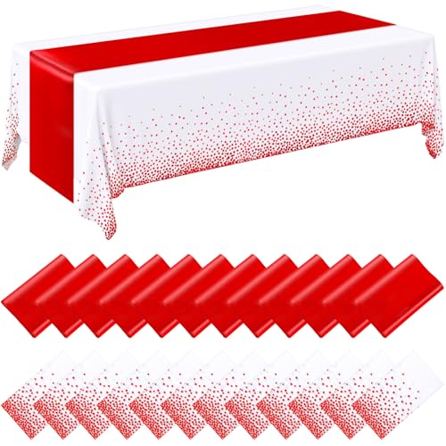 Image of Breling 24 Pack White and Red Disposable Plastic Tablecloths and Satin Table Runner Set, 54 x 108 Inch Tablecloth, 12 x 108 Inch Table Runners for Wedding Graduation Birthday Baby Shower