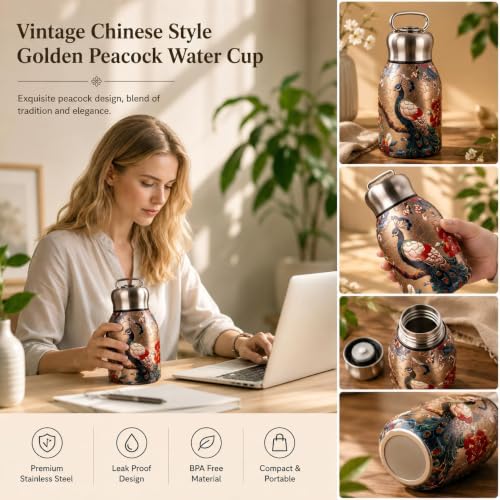 Image of Mini Stainless Steel Thermal Bottle 300ML Vacuum Insulated Water Bottle, Double Walled Hot & Cold Thermos Flask, Leakproof Portable Travel Mug for Gym Office Hiking (Peacock Design)