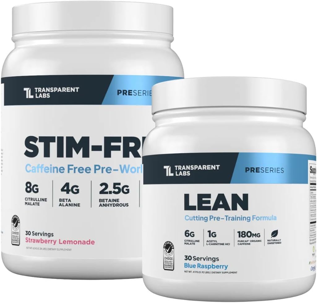 Transparent Labs Stim-Free Pre-Workout Powder (30 Servings, Strawberry Lemonade) & Lean Pre-Workout (30 Servings, Blue Raspberry)
