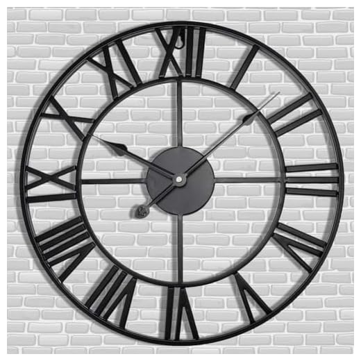 Antique Tower 30 inch Large Roman Numeral Wall Clock, Indoor Outdoor Patio Waterproof Oversized Decorative Contemporary Clock, Antique Black Metal Wall Clock Battery Operated Retro Art Hanging Clock,3