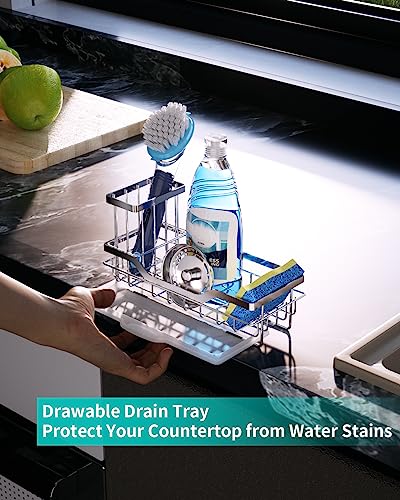 HapiRm Sink Caddy with Brush Holder, Kitchen Sink Organizer with Drain Tray, Rustproof Stainless Steel Sponge Holder for Kitchen - Silver(8.26 * 3.62 * 4.72 in)