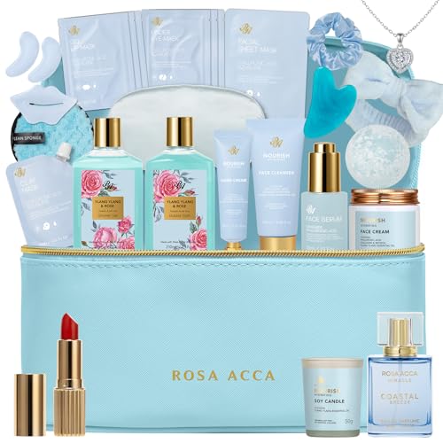 25 Pcs Mother's Day Gift, Bath & Body Gift Basket Set for Women, Skin Care Set, Self Care Spa Gift Basket, Cosmetic Bag, Necklace, Bath Bomb, Christmas, Valentine's, Birthday, Wife, Mom