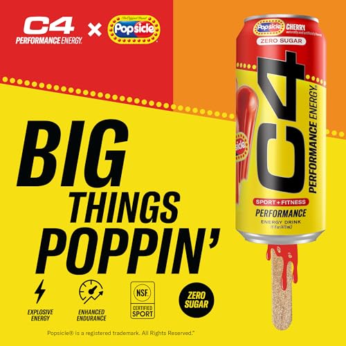 Image of C4 Energy Drink x Popsicle Variety Pack, Carbonated Sugar Free Pre Workout Performance Drink with no Artificial Colors or Dyes, 3 Flavors - Grape, Hawaiian Pineapple, and Cherry, 16 Oz, Pack of 12