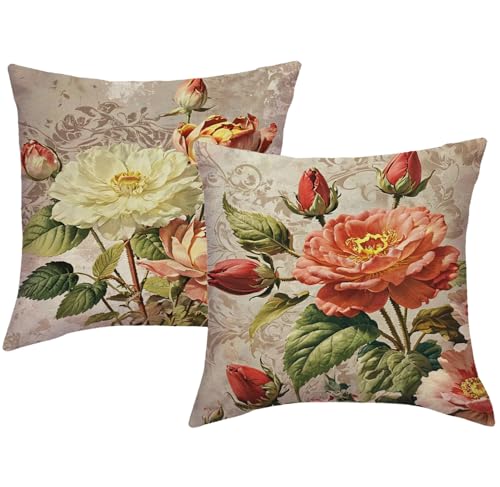 JAERUE Vintage Rose Flower Throw Pillow Covers Set of 2 Shabby Chic Red Floral Cushion Cases Spring Farmhouse Retro Botanical Pillow Covers 18"x18", for Couch, Bedroom & Living Room(Red/Brown)