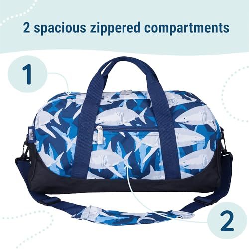 Image of Wildkin Kids Overnighter Duffel Bag - Carry-On Size, Ideal for School & Sleepovers - Sharks