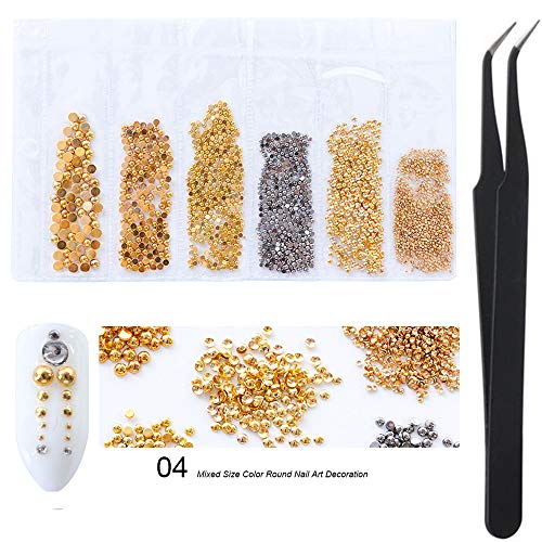 WOKOTO Gold And Black Mix Size Round Metal Nail Art Decorations Studs Rivet Kit With Tweezers Picker Nail Charms 3d Nail Jewelry