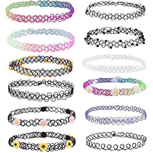 La mejor comparación de Tattoo Mujer disponible en línea. 39 12PCS Women Choker Necklace Bundle - Henna Tattoo Stretch Elastic Choker Plastic Gothic Jewelry for Women, Teen colorido