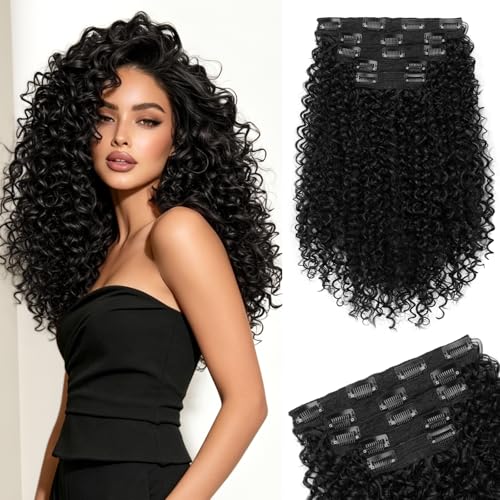 Sofeiyan 5 Pezzi Curly Extension Capelli a Clip,40 cm Kinky Clip In Estensioni per Infoltire i Capelli, Posticci Clip-on Ricci in Stile Afro per Donne,Nero Naturale