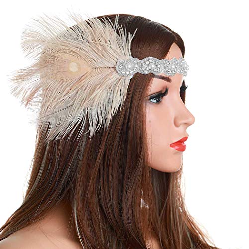 Asooll Wedding 1920s Flapper Champagne Feather Headband Roaring 20s Great Gatsby Crystal Headpiece Feather Showgirl Prom Hair Accessories for Women and Girls