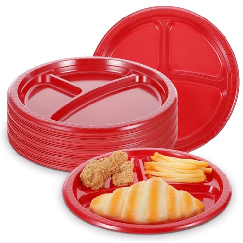 Lemecima 50 Pcs 10 Inch 3 Compartments Divided Plastic Plates Bulk Colorful Disposable Heavy Duty Round Dinnerware for Valentine's Day Wedding Birthday Party(Red)