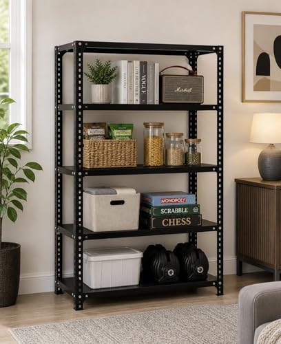 Image of Heavy Duty Metal Storage Rack | Multipurpose Steel Shelving Unit for Home, Kitchen, Pantry, Garage, Office & Store Room | Powder Coated Rust Resistant Organizer Rack bin stoarge | Black