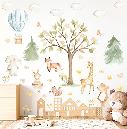 Watercolor Tree Animal Wall Stickers Forest Animals Wall Stickers Baby Room Decor Woodland Nursery Wall Decals Peel And Stick Cartoon Hot Air Balloon Animals Wall Stickers For Kids Room Playroom Decor #TOP5