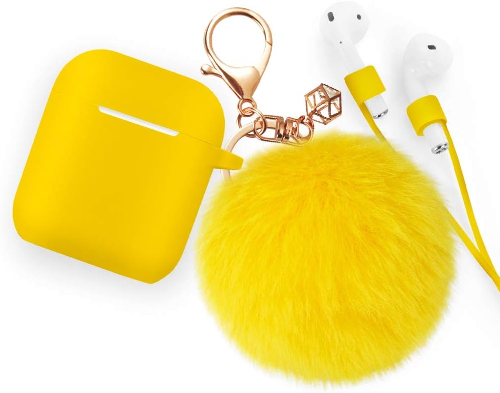 Case for Airpods Case - CAMMATE AirPods Case Cover Silicone Skin Protective Airpods Accessories for Apple Airpods Charging Case with Anti-lost Strap,Fur Ball Keychain,Yellow(Front LED Visible)