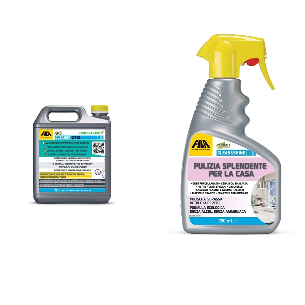 FILA Surface Care Solutions 60500005Ita Detergente Universale Concentrato Neutro, 5 Litri & Clean&Shine, Detergente Spray Multisuperficie Per La Casa, 750 Ml