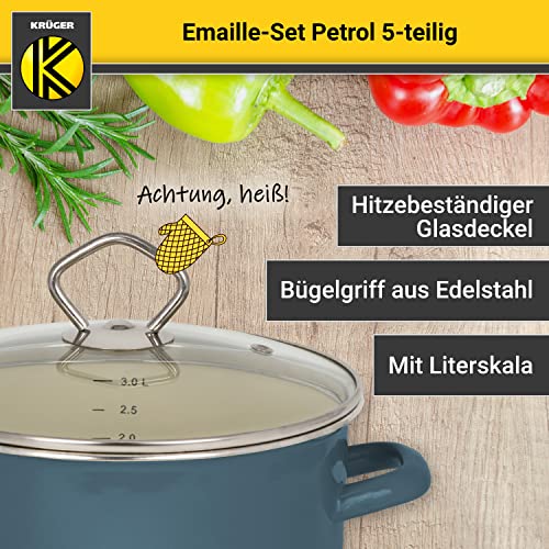 Foto von Krüger Emaille-Set Petrol 5 teilig - Emaille-Topfset aus Fleischtopf, Stieltopf und Milchtopf - Töpfe mit Vollkontaktboden & Glasdeckel - geeignet für alle Herdarten (Set Petrol - petrol)