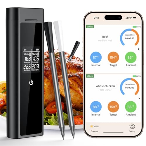 Wireless Meat Thermometer, 2 Probes IP67 Waterproof, Smart APP, 250M Range, Bluetooth Digital Food Thermometer for BBQ, Smoker, Grill, Oven, Air Fryers, Kitchen, Bluetooth Cooking Thermo-meter UK