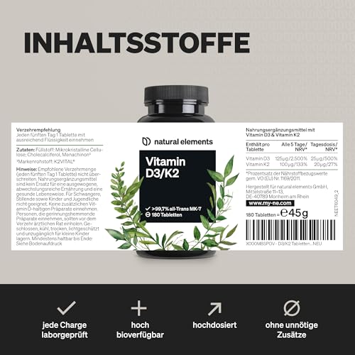 natural elements Vitamin D3 + K2 Depot – 180 Tabletten – Premium-Qualität: K2VITAL® von Kappa – 99,7+% All-Trans K2-MK7 + 5000 IE Vitamin D3 – hochdosiert, ohne Zusätze – laborgeprüfte Qualität