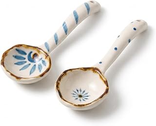 2 Pack 5.3 Inch Asian Soup Spoons - Japanese Ramen Pho Spoons, Hand Painted Sunflower Ceramic Spoon - Underglaze Ceramic
