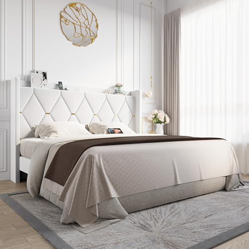 Allewie Velvet King Size Upholstered Bed Frame with Wingback Storage