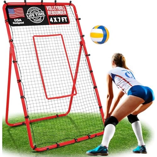 Volleyball Rebounder, 6-Angle Adjustable 4x7 FT Volleyball Rebound Net for Backyard with Steel Frame & High-Tension PE Netting, Volleyball Bounce Back Net Practice for Setting Spiking Bumpin