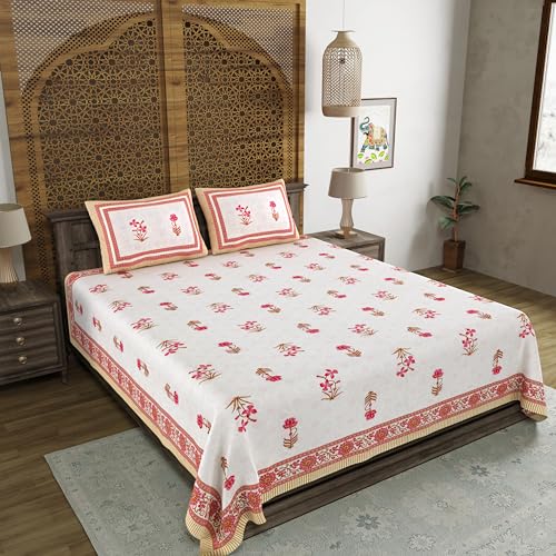 Image of BLOCKS OF INDIA Hand Block Printed 200 TC Cotton King Size Bedsheet (Pink Peach Flower)