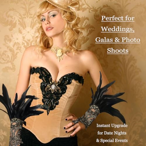 MCJC Black Lace Feather Gloves, Swan Wings Wrist Bands, Witch Angel Costume Accessories2