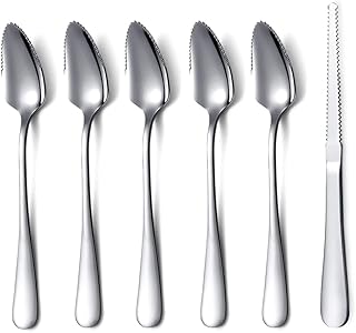 Grapefruit Spoons 6 Pieces Set, 5 Stainless Steel Grapefruit Spoon and 1 Grapefruit Knife with Titanium Plating, Grapefruit Utensil Set, Silver Kitchen Tool for Kiwi, Dessert, Apple, Citrus (sliver)