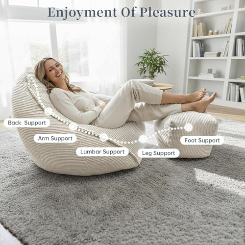 WHGBJA 4FT Bean Bag Chair for Adults/Teens/Kids with Ottoman (Beige) - image 2
